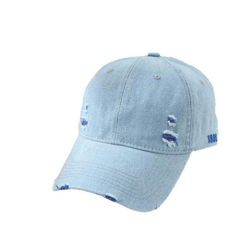 Washed denim side embroidery baseball hat men and women ripped couple soft top sunshade sun protection cap