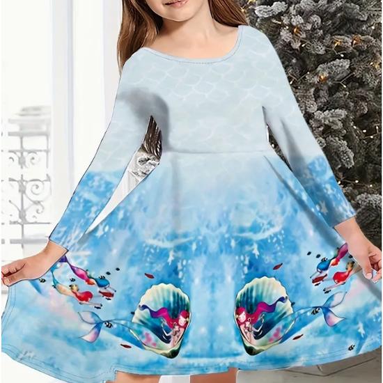 Повседневное платье для девочек с 3D-рождественским принтом оленей и кошек, круглым вырезом и длинными рукавами, детское платье принцессы