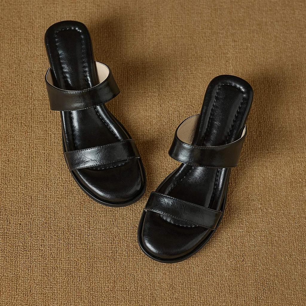 Krazing Pot Mules Cow Skin Thick Heels Peep Toe Street Wear Summer Size 42 Concise Style Elegant Women Sandals