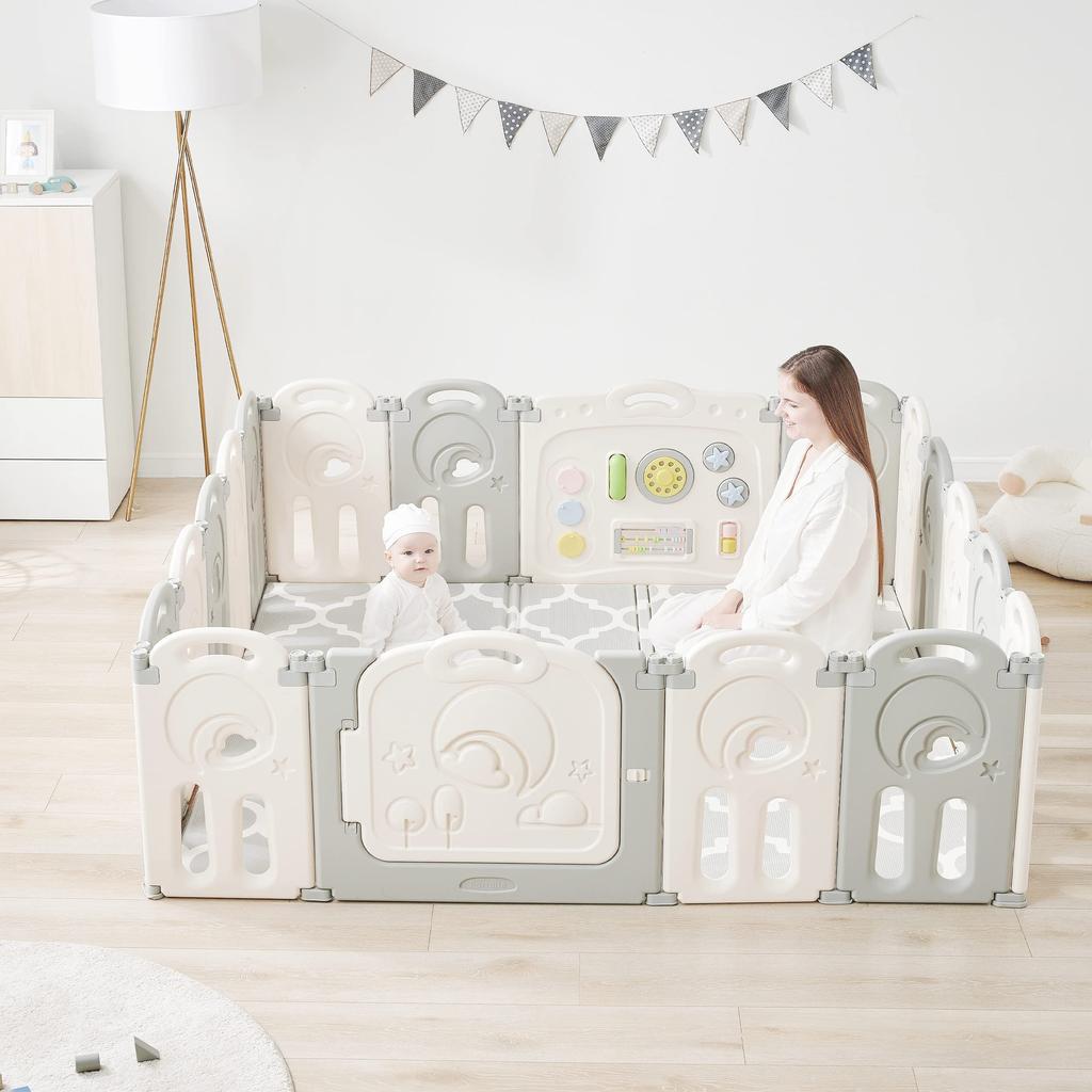 Fortella Cloud Castle Манеж складной с панелью для игрушек и набором из 4 панелей расширения для малышей Белая доска, подарок,