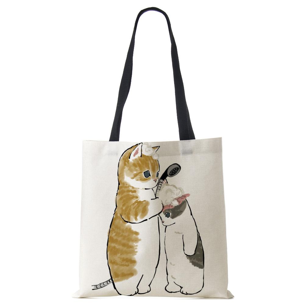 Женская сумка с милым животным кошачьим принтом, повседневная складная сумка-тоут для покупок в стиле Харадзюку, многоразовые сумки на плечо большой емкости