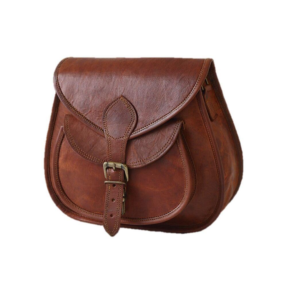 Vintage Full Grain Leather Saddle Purse Messenger Crossbody Bag Goat Leather 11"