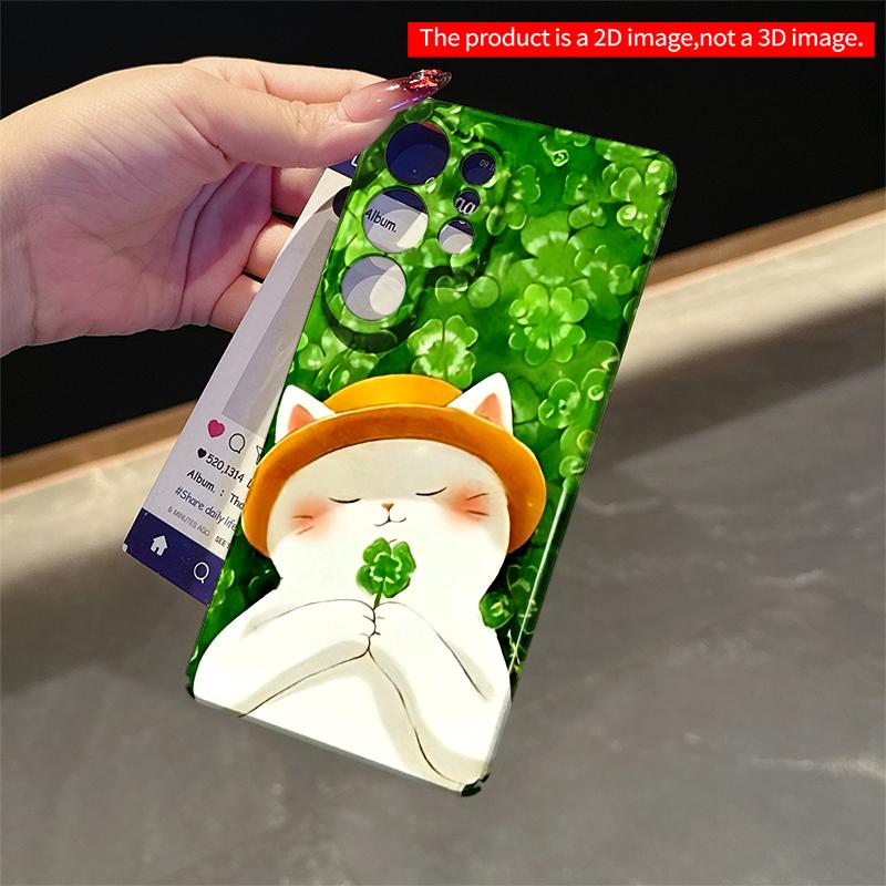 2DFlat Samsung phone case Hat Holding Clover Amid Green Leaves Applicable to Galaxy S23 S24 S25ULTRA S26 A12 A14 A15 A16 A54 A55