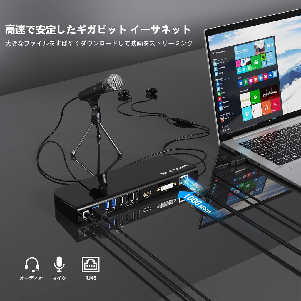 WAVLINK USB Universal Docking Station 1x 4K Compatible HDMI Output Port 1x DVI Port 2x USB Port 4x USB Port 1x Gigabit Ethernet Port Equipped with 13