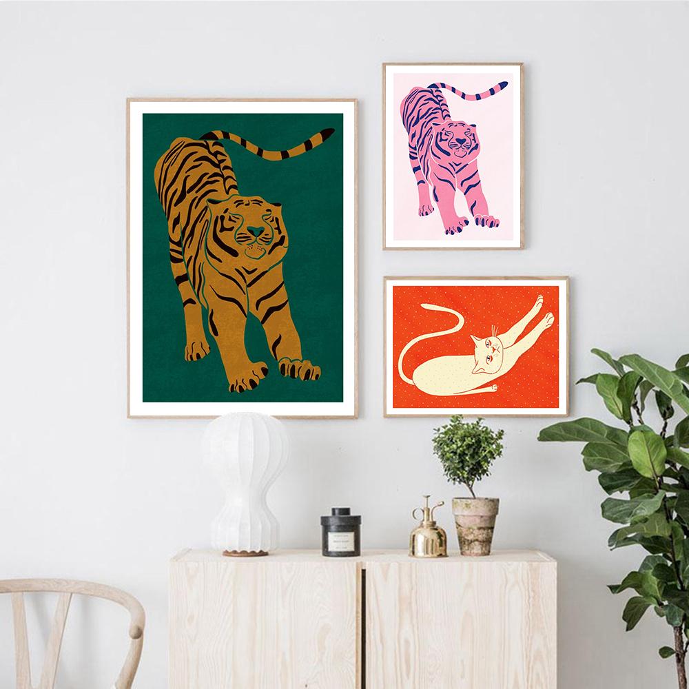 Nordic Abstract Animal Poster Красный Розовый Зеленый Тигр Не Теряет Сон Картина На Холсте Настенная Живопись Печать Картины Спальня Домашний Декор