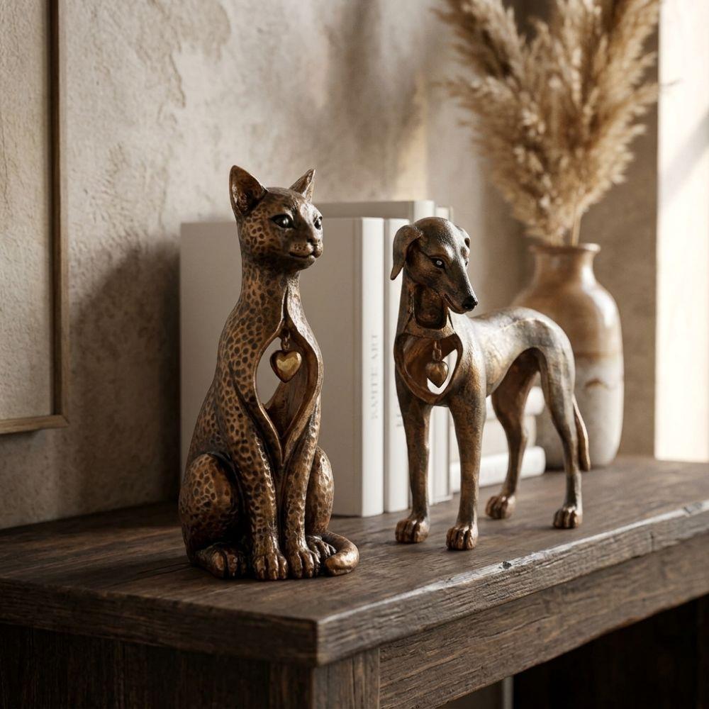 Rustic Vintage Cat Dog Sculpture Resin Heritage Heart Dog Cat Figurine  Pet Lover Gift