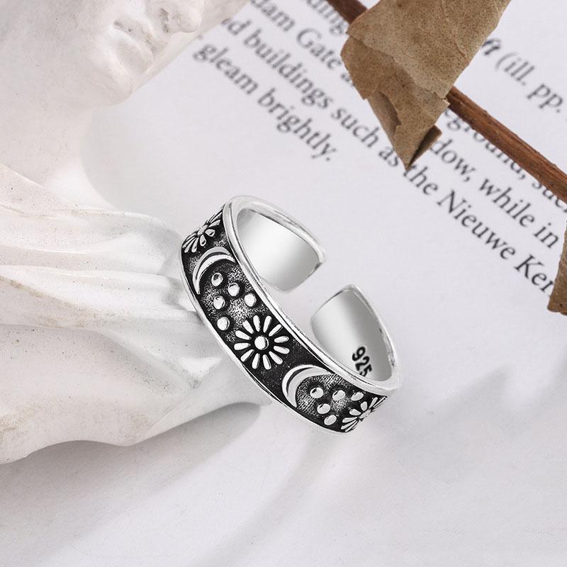Foxanry Sun Moon Flower Open Ring for Women New Fashion Vintage Creative Design Daily Wear Jewelry Accessories Gifts
