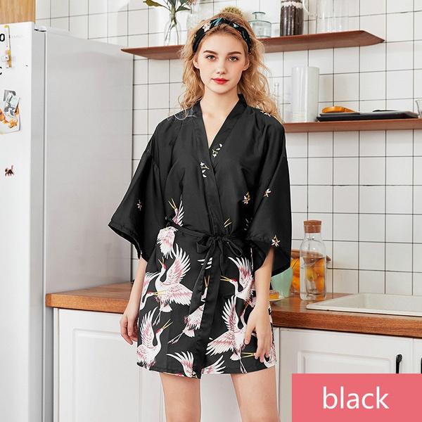 Comfortable V-neck Satin Robe Vintage Women Silk Satin Robe Sexy Nightgown Kimono Sleepwear Waistband Nightdress