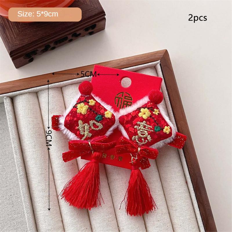 Детские новогодние заколки для волос в китайском стиле, милые плюшевые банты, кисточки, украшения, заколки, шпильки, аксессуары для волос в стиле ханьфу для девочек