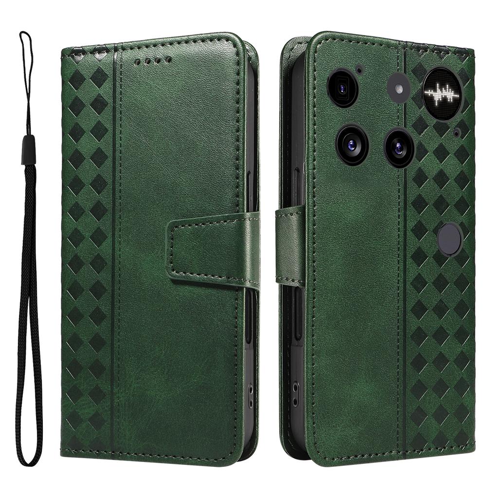 For Nothing Phone (3) 5G Leather Case Wallet Stand Grids Imprinted Phone Cover with Strap