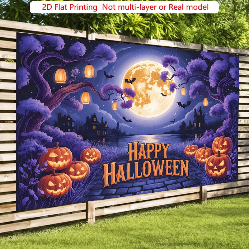 Pumpkins Full Moon Purple Halloween Theme Banner, Purple Polyester Backdrop for Wall Hanging & Photo Booth