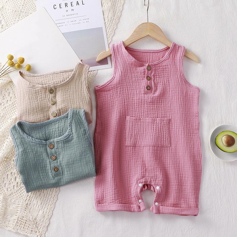 Muslin Summer Baby Jumpsuit with Hat Soft Cotton Baby Girl Boy Clothes Sleeveless Toddler Romper Infant Clothing Newborn Outfit