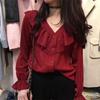 Women Shirt Elegant Long Sleeve Ruffles V Neck Blouse Tops Casual Loose Solid Ladies Tunic Blouses Reversible Chiffon Shirt