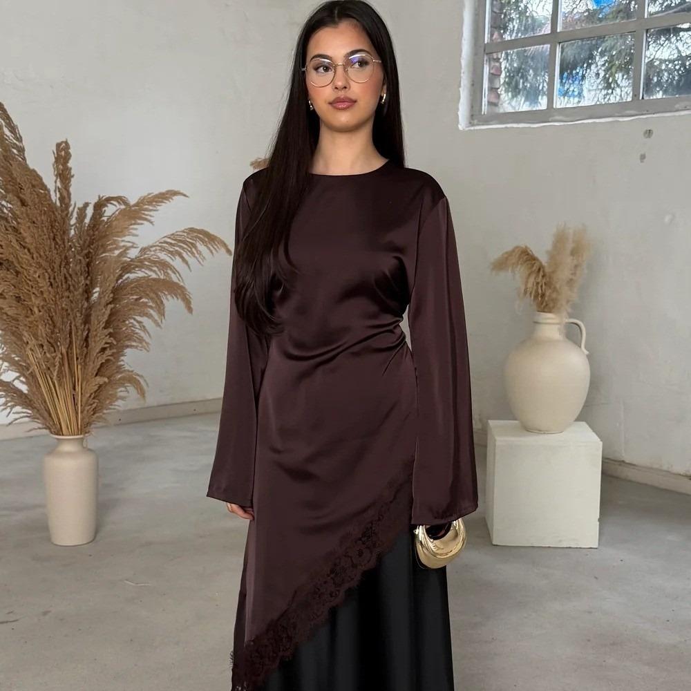 Long Sleeve Drooping Style Blouse Lace Lower Hemline Long Shirt Irregular Dress Commute Outing