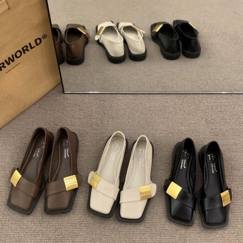 Women's Soft Sole Leather Shoes Autumn Vintage Square Toe Comfortable Loafers Lightweight Outdoor Non Slip Casual Shoes