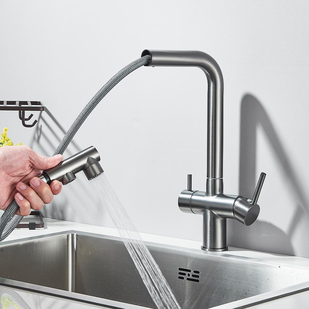 Kitchen Pull-out Filtered Faucet Black Brass Purifier Faucet 360 Rotation Dual Sprayer Drinking Water Tap Vessel Sink Mixer Tap