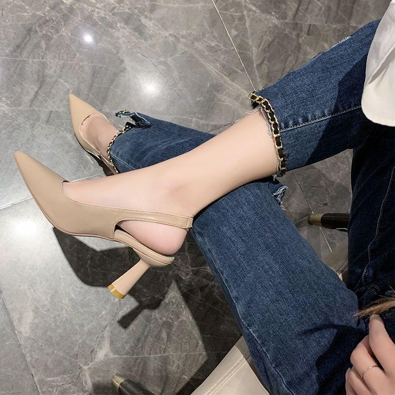2025 Summer New French Pointed Head Bag Head Empty Single Shoes Women's One-word Buckle Sandals Women's Fashion High Heels Women
