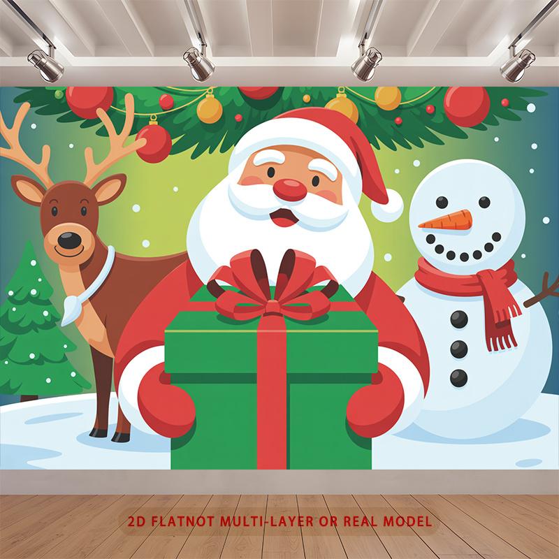 Party Backdrop Santa Claus Christmas Flat Winter Santa Claus Reindeer Snowman Holiday Event Photo Background Front Door Decor