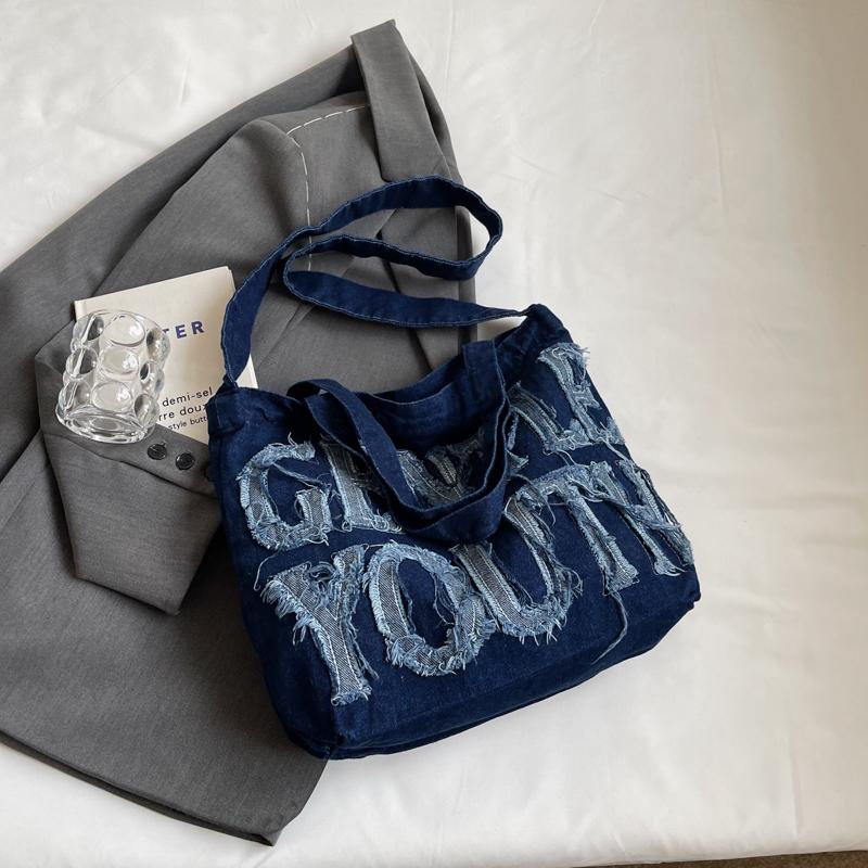 Джинсовая сумка-тоут, женская сумка через плечо с буквенным принтом, большая вместительная портативная сумка через плечо