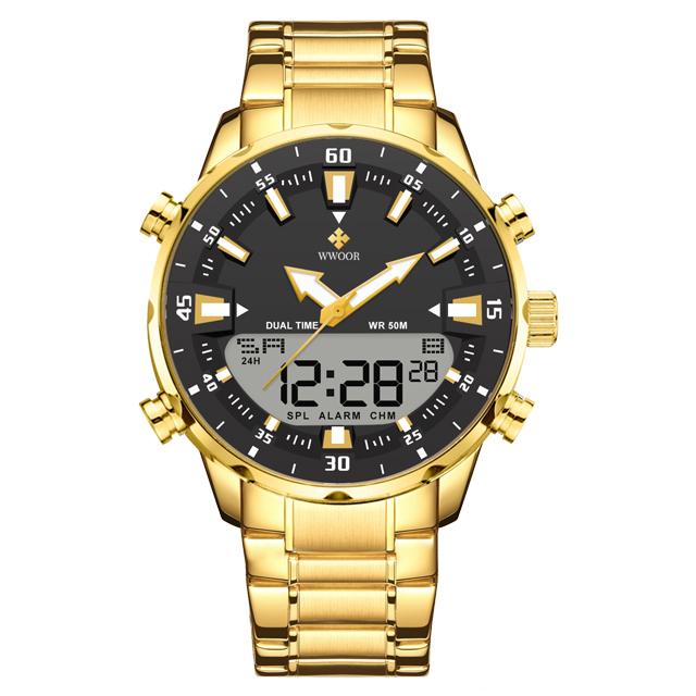 WWOOR New Sport Watch For Men Dual Display LED Quartz Wristwatch Full Steel Luxury Watch Men Clock Chronograph Relogio Masculino