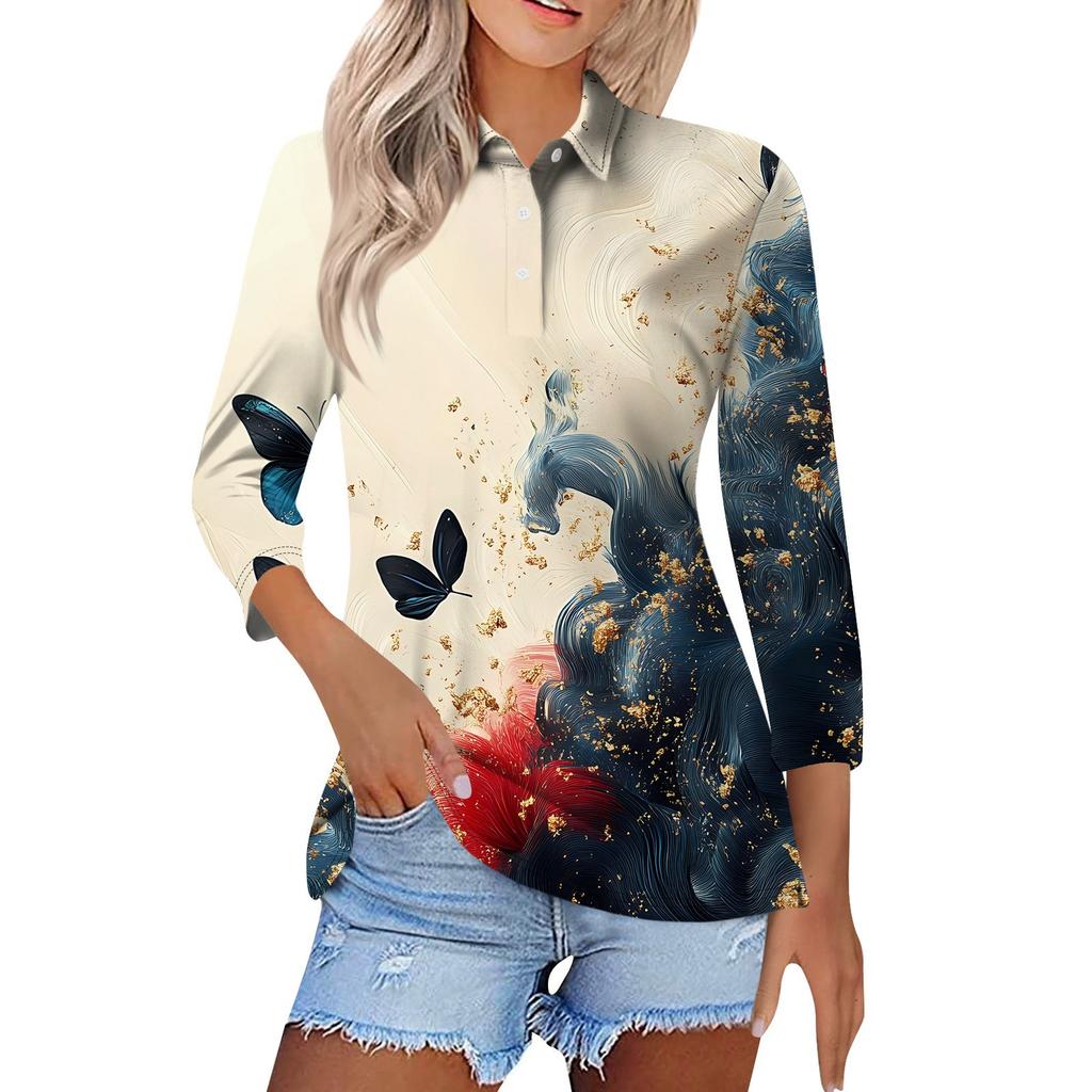 Женская модная повседневная рубашка с короткими рукавами 3/4 с лацканами и принтом, женские топы на пуговицах