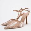 Fashion Luxury Designer Mesh Thin High Heeled Sandals Women Sexy Pointed Toe Bling Pumps Beige Open Heel Ankle Strap Wedding Party Shoes