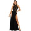 Summer Women's Evening Dress Sexy See-through Lace Nude Back High Split Long Dresses