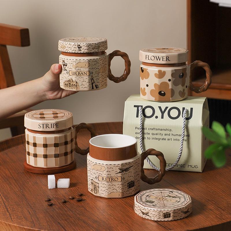 Creative Retro Ceramic High-Value Drinking Cup Light Luxury Gift With Lid Coffee Cup Personalized Cup