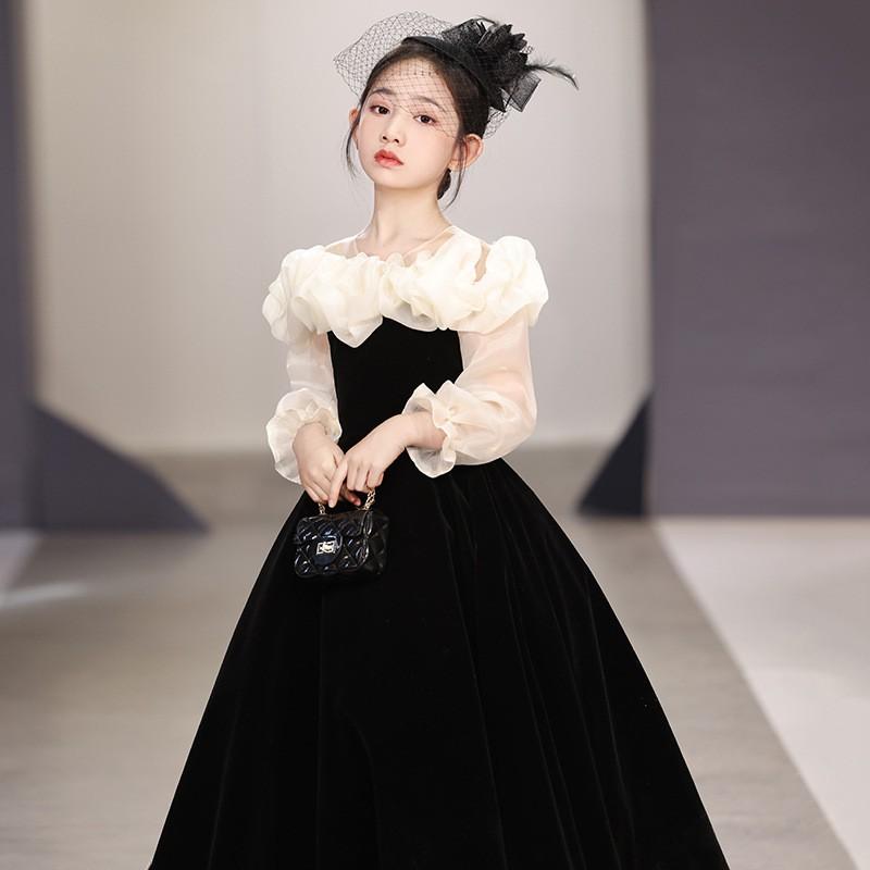 Girls Black Hepburn Style Long Sleeve Evening Gown Birthday Party Piano Performance