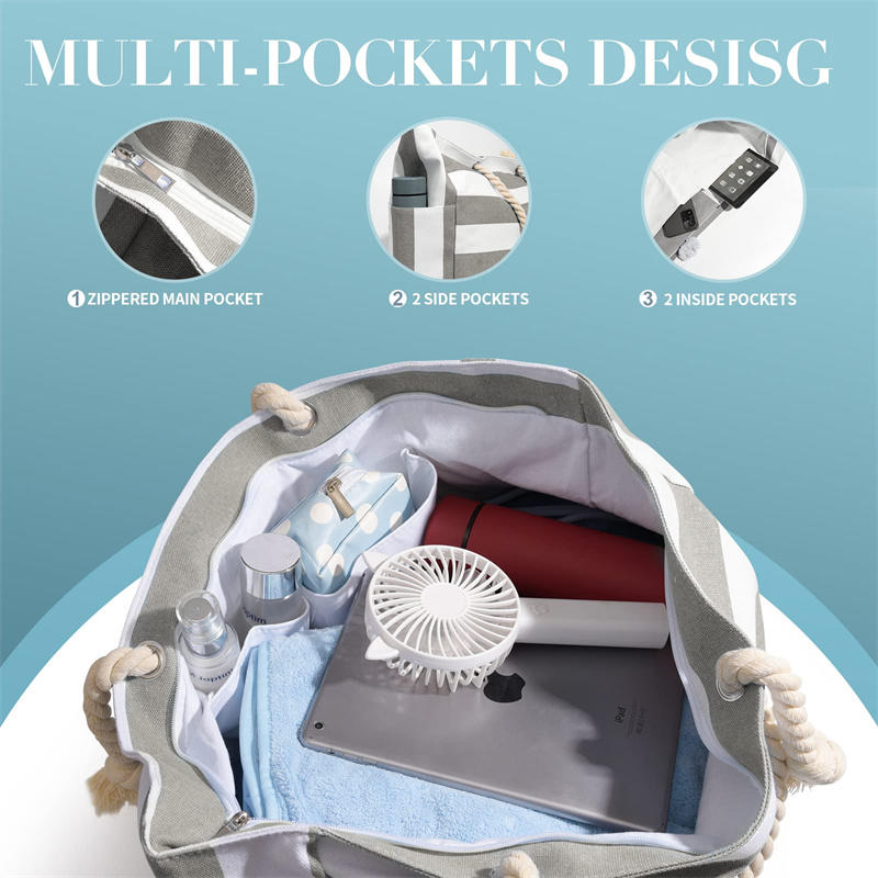 1PC Beach Bags For Women Large Canvas Beach Tote Bag Zipper Beach Bags Sandproof Swim Pool Bag Large Tote