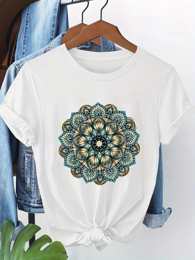 Unisexs Floral Unisexdala Tshirt Dark Green With Teal Golden Accents Breathable Everyday Casual Top Spring Aesthetic Clothes