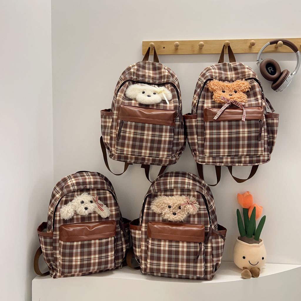 Vintage College Style Plaid Puppy Schoolbag 2025 Versatile Girls High-value College Students Class Backpack Backpack