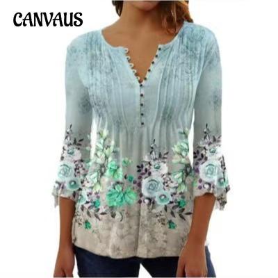 Весенне-летняя женская блузка, модная новая женская футболка с v-образным вырезом и короткими рукавами, плиссированной пуговицами и цветочным принтом