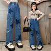 2023 Spring Girls' Star Patch Wide-Leg Jeans - Trendy Children's Fashion for Medium & Large Sizes