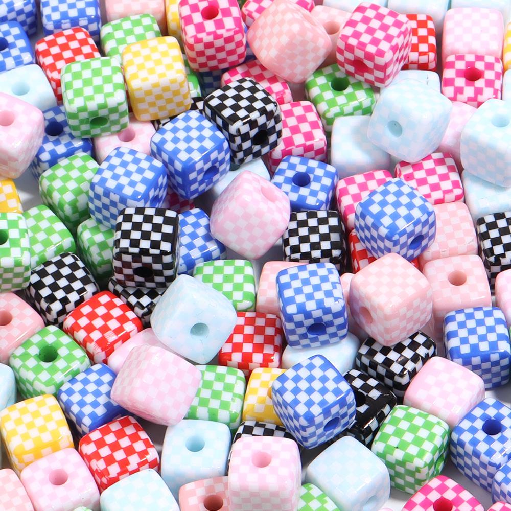 10Pcs 13mm Acrylic Beads Colorful Checkerboard Pattern Large Hole Square Beads For Craft Bracelet Making DIY Jewelry Accessories