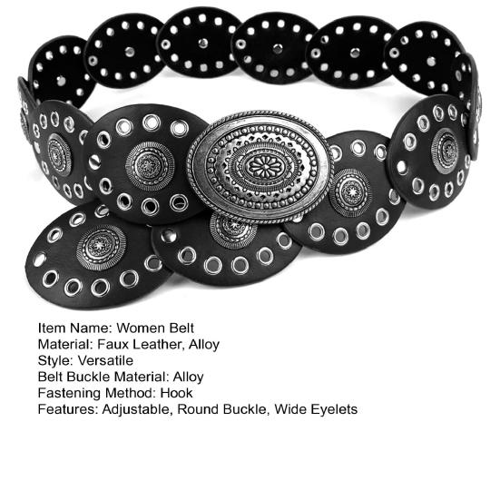 Women Belt Round Buckle Wide Eyelets Faux Leather Adjustable Belt Exaggerated Round Shape Hollow Disc Waist Belt
