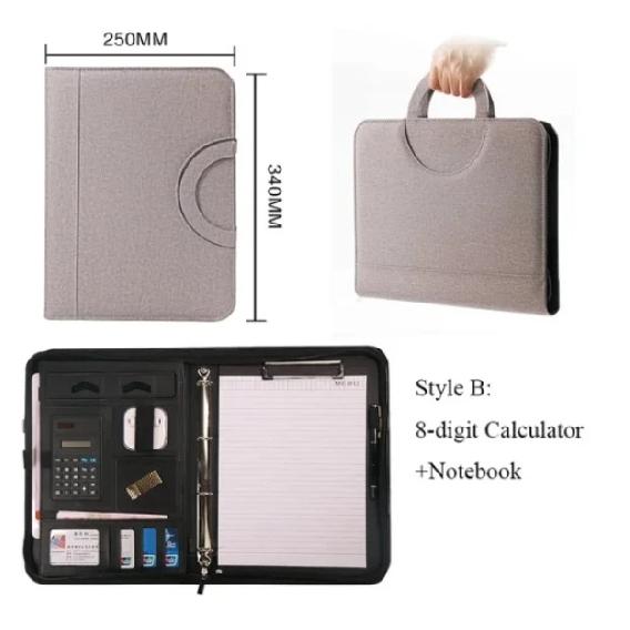 PU leather A4 zipper calculator binder conference file pad folder briefcase tablet portable circular handle file bag