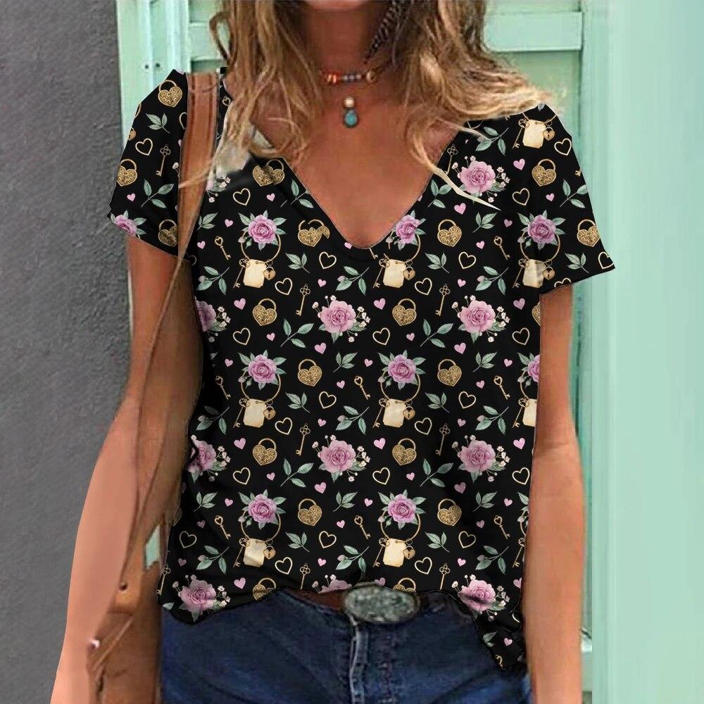 Женская футболка с v-образным вырезом, летняя модная женская одежда, топы с 3d винтажным принтом, повседневная одежда для девочек, женский пуловер большого размера