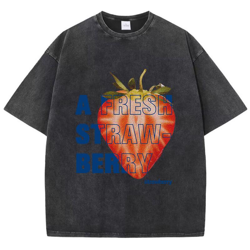 Casual Womans Acid Wash T-Shirts A Fresh Strawberey Printing Tops Distressed Oversize Cotton Tee Shirts Trend Clothes