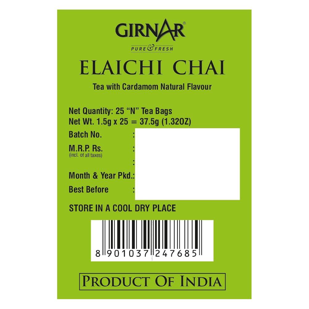 Girnar Elaichi Chai Cardamom Black Tea  Foil Wrapped  25 Tea Bags Natural Beverage
