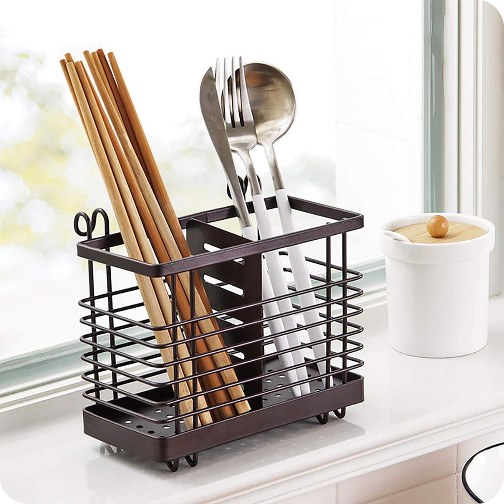 VANRA Chopstick Holder Cutlery Stand Drainer Holds Spoons and Forks Stainless Steel 2 Compartments with Hook (Brown)