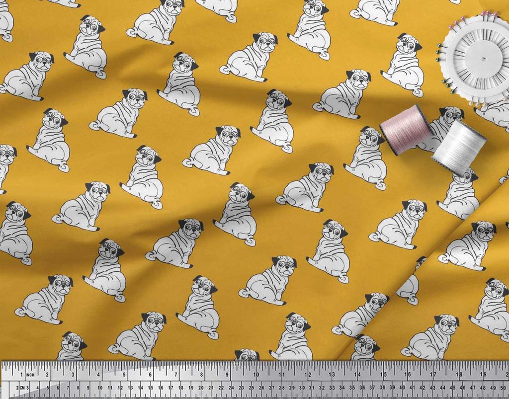 Soimoi Japan Crepe Satin Fabric Pug Dog Print Fabric by Metre 42 Inch Wide