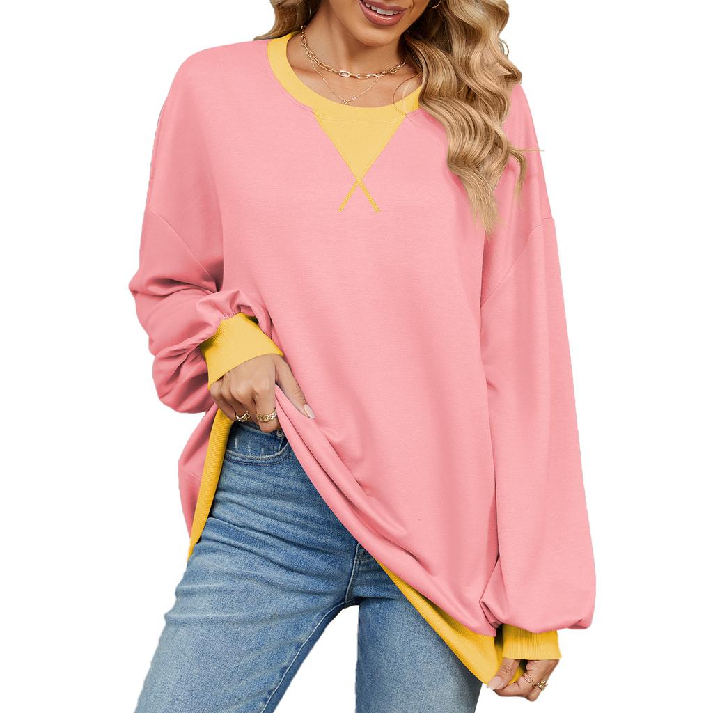 Spring and Autumn Women's Plus Size Color Collision Round Neck Loose Long Sleeve Sweatshirt Top
