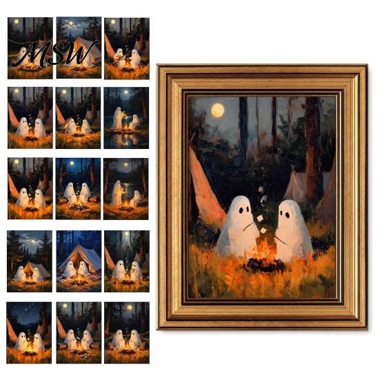 Seasonal Home Accents Vintage Cute Ghost Canvas Wall Art, Spooky 2 Ghosts Campfire Poster Hanging Poster, Gothic Halloween Decoration for Bedroom