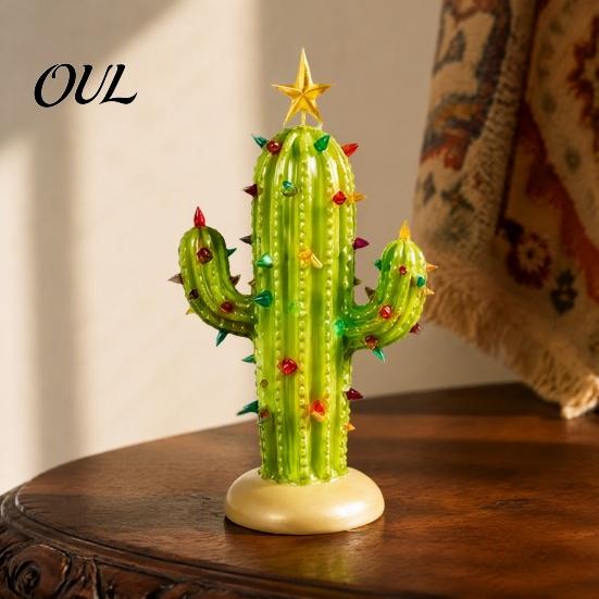 Stable Base Desktop Decoration Vintage Lighted Cactus Christmas Tree, Saguaro Decor with Bulbs & Golden Resin Tabletop for Home Star Topper,