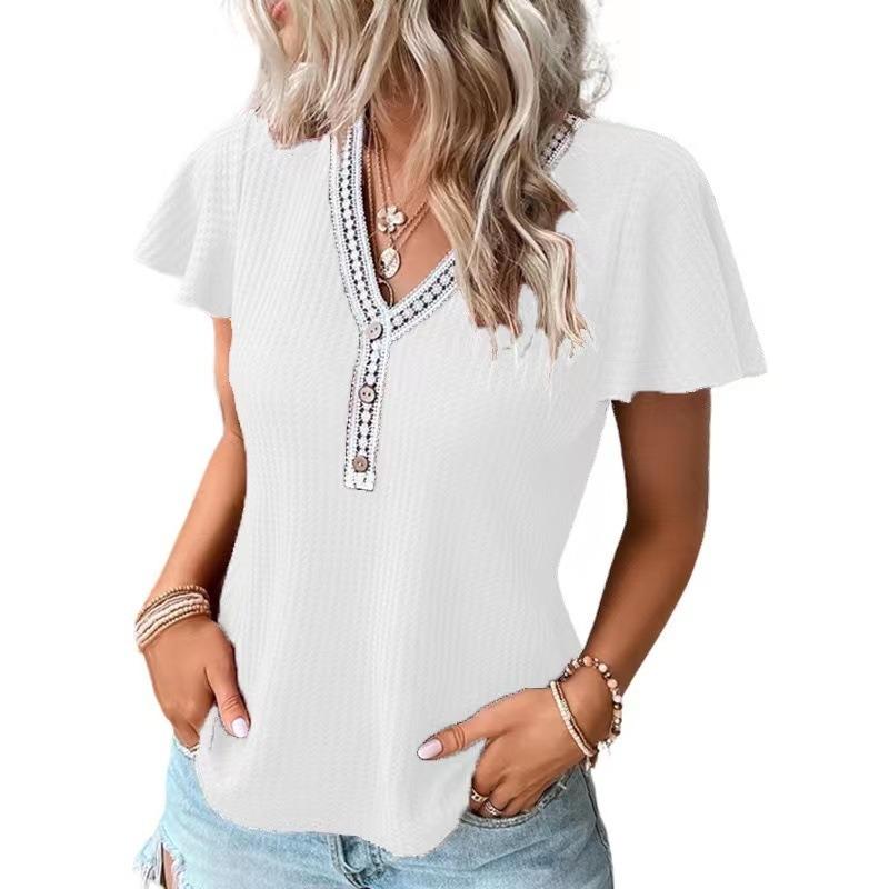 VEZFAA Women's Fashion Casual Summer Spring Solid Color Print Short Sleeve V-Neck Blouses & Shirts