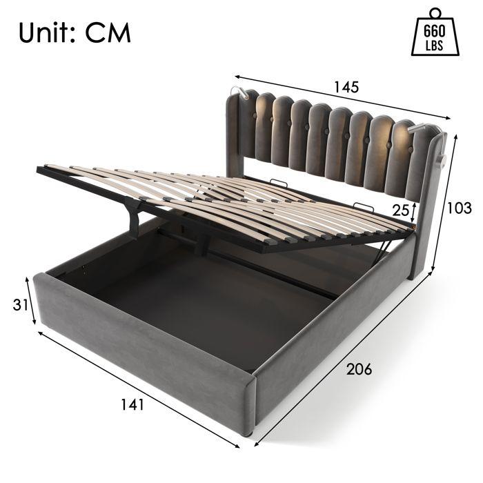ELVMI Storage Bed 140x200 cm - Double Bed with USB Charger and Night Lamp - Velvet - Without Mattress - Gray