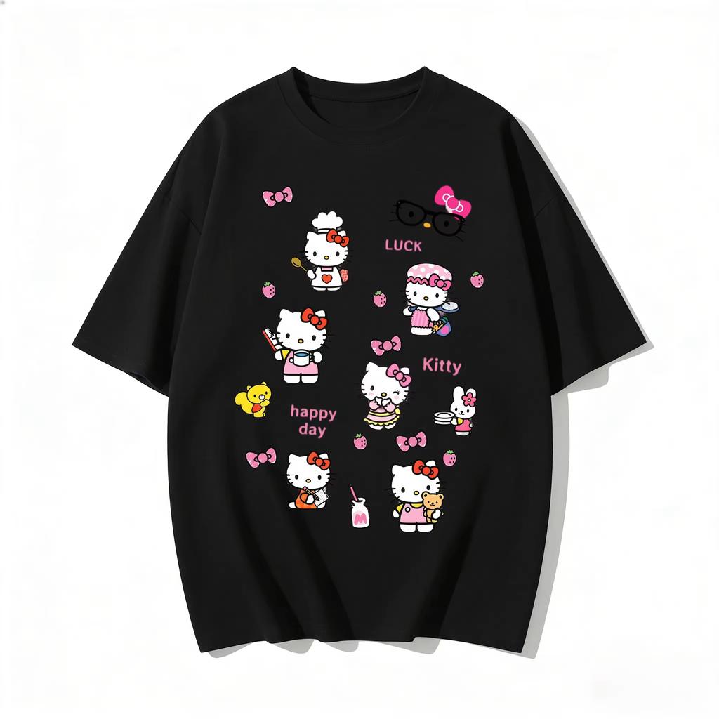 new Summer Cute HelloKitty TShirts Soft Cotton Short Sleeve Tees for Parents Kids Breathable Casual Daily Outfit Tops