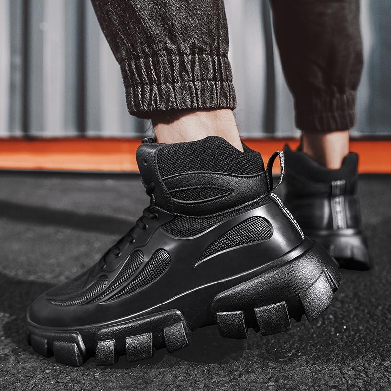 Fashion Winter Plus Velvet Outdoor Increased Sports NonSlipThe New Round Shape Shoes Men Leather Boots Black High Gang Platform Boots