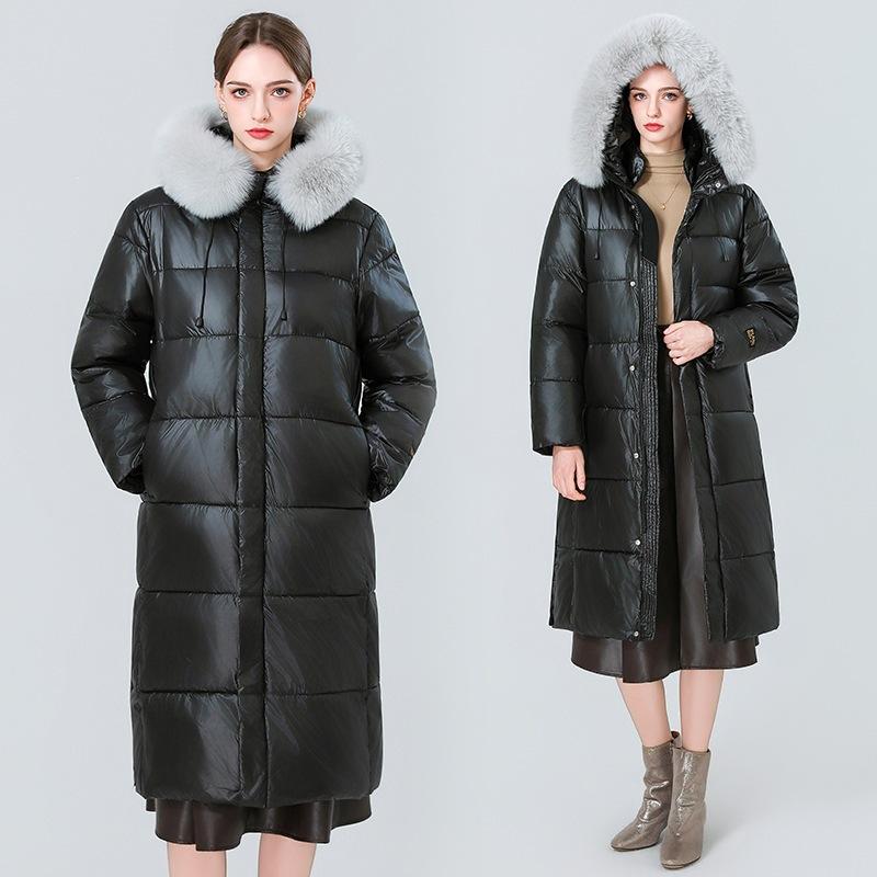 Commuting temperament glossy long cotton-padded clothes women's big fur collar hooded cotton-padded jacket, over the knee long horizontal grid pressin